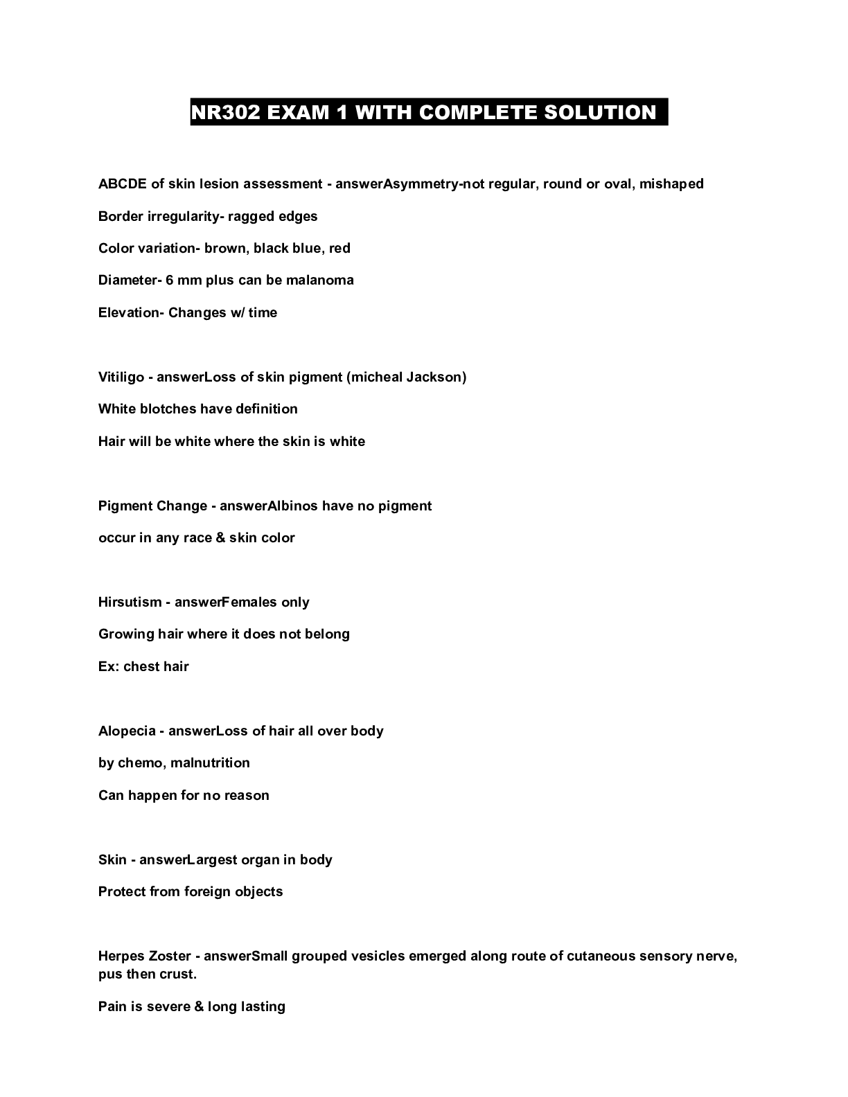 Preview image of NR302 EXAM 1 WITH COMPLETE SOLUTION document